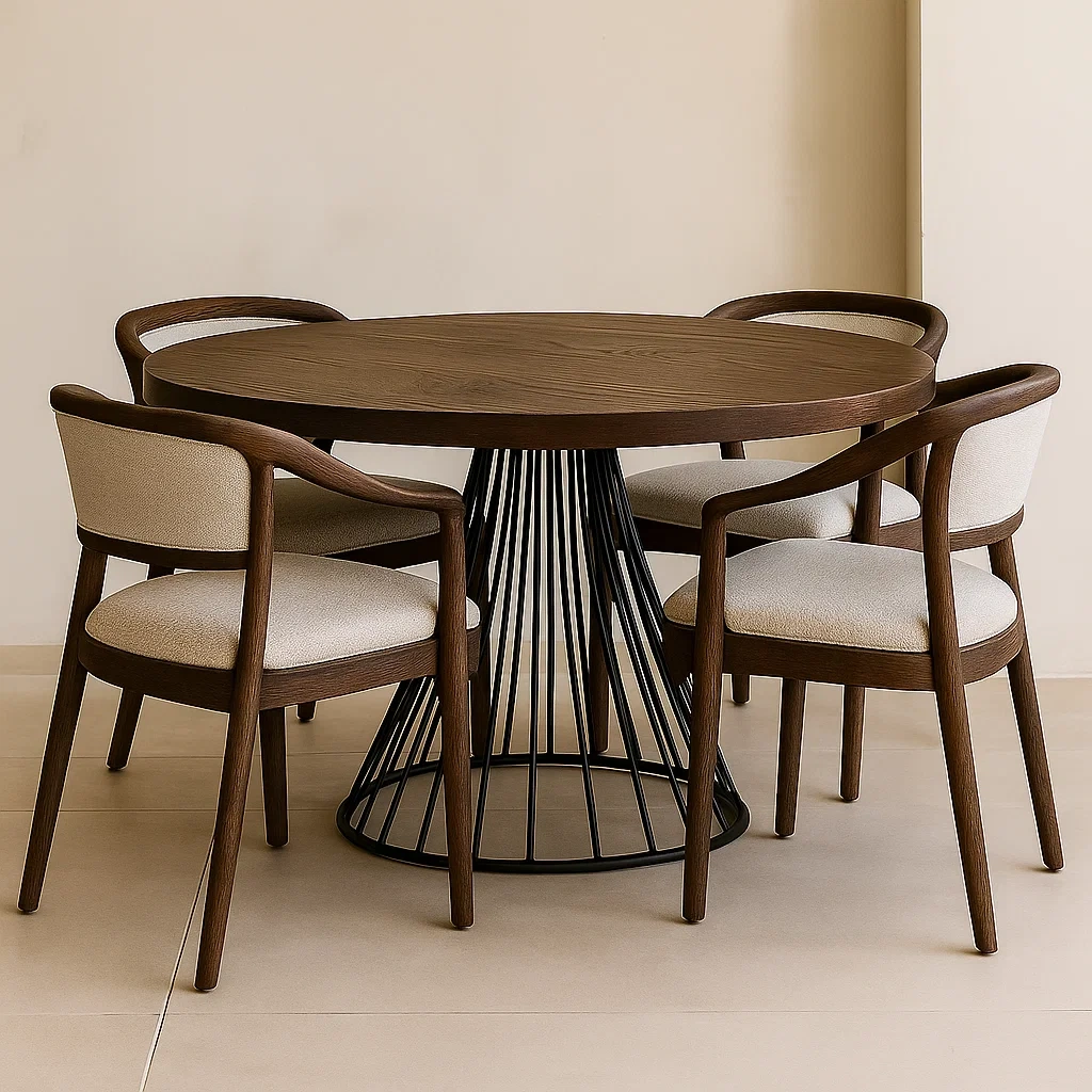 Conjunto de comedor,4 plazas,madera y metal,marrón y beige,redondo,con sillas acolchonadas diámetro 120x75 cm,comedor - R4dmUIsdOpka