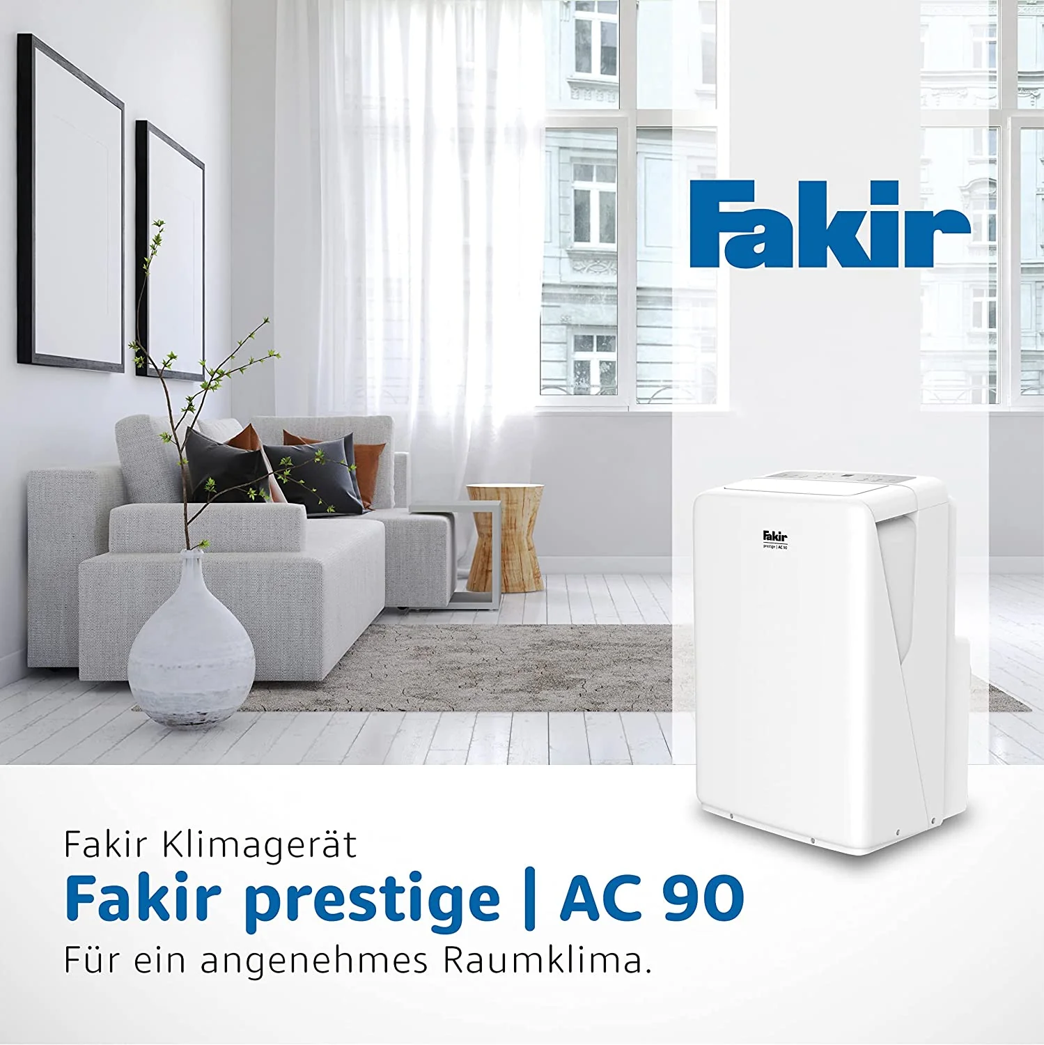 2025 Fakir Prestige AC 90 – Aire Acondicionado Móvil | Enfriador de Aire con 3 Modos de Viento + Función Automática. Temporizador y Control Remoto | Ventilador Auxiliar para Estancias de Hasta 85 m³ | Blanco | 2600 Vatios