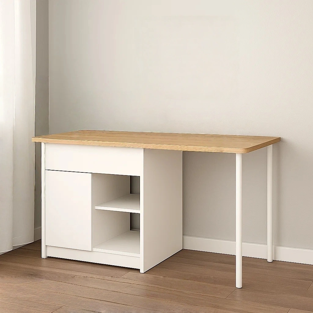 Isla cocina rectangular,con cajón,estantes abiertos y puerta,madera color blanco y natural,independiente,140x80x90 cm,para cocina doméstica. - 1Bw4emAliWax