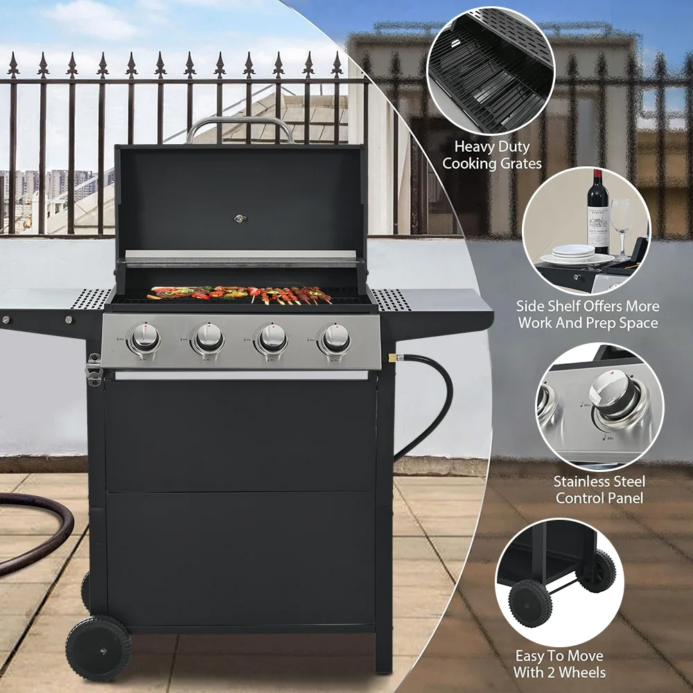 2025 Parrilla a gas SEGMART de 4 quemadores de acero inoxidable – 34.200 BTU. barbacoa para jardín/patio con dos estantes plegables y termómetro. ideal para camping y cocina al aire libre