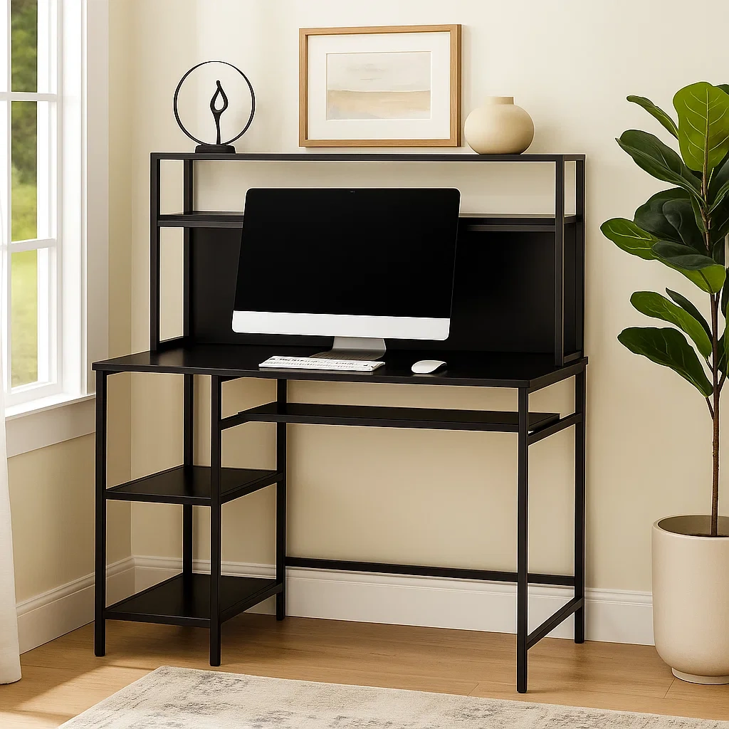 Escritorio para ordenador negro con estantería y 3 baldas laterales,120x55x120 cm - nDpCTrw310yf