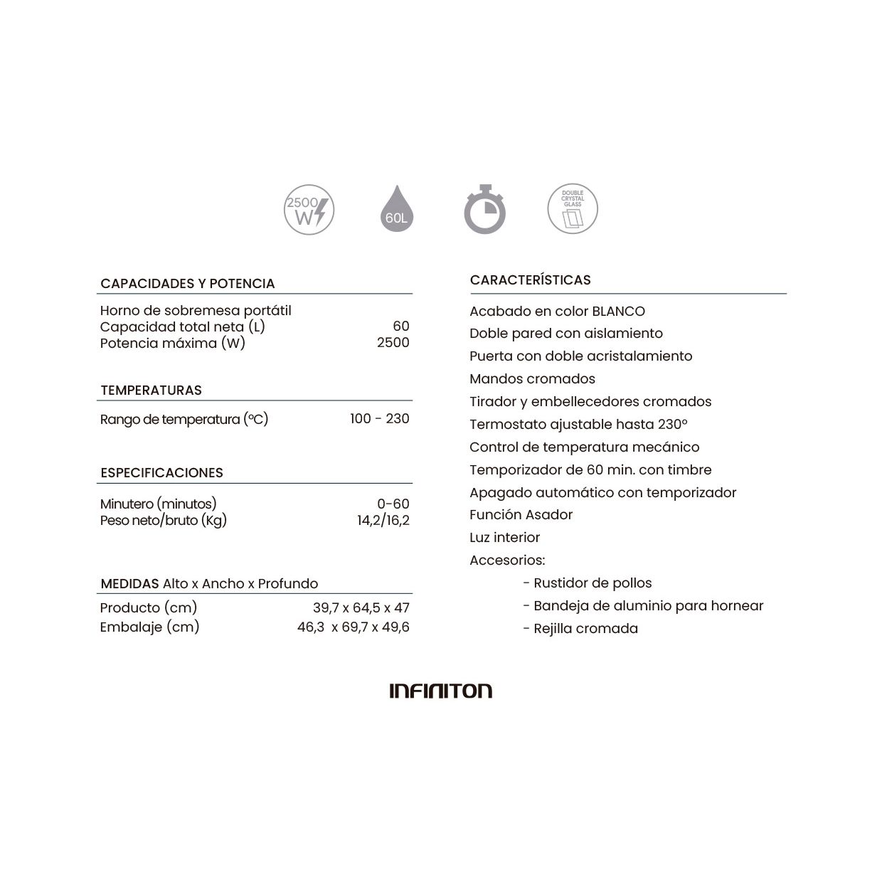 Infiniton Hsm-a60b – Horno Sobremesa, Blanco, 60l, 2500w, Convección, Función Asador, Rustidor, Doble Acristalamiento, Luz Interior, Temporizador 60 Min.