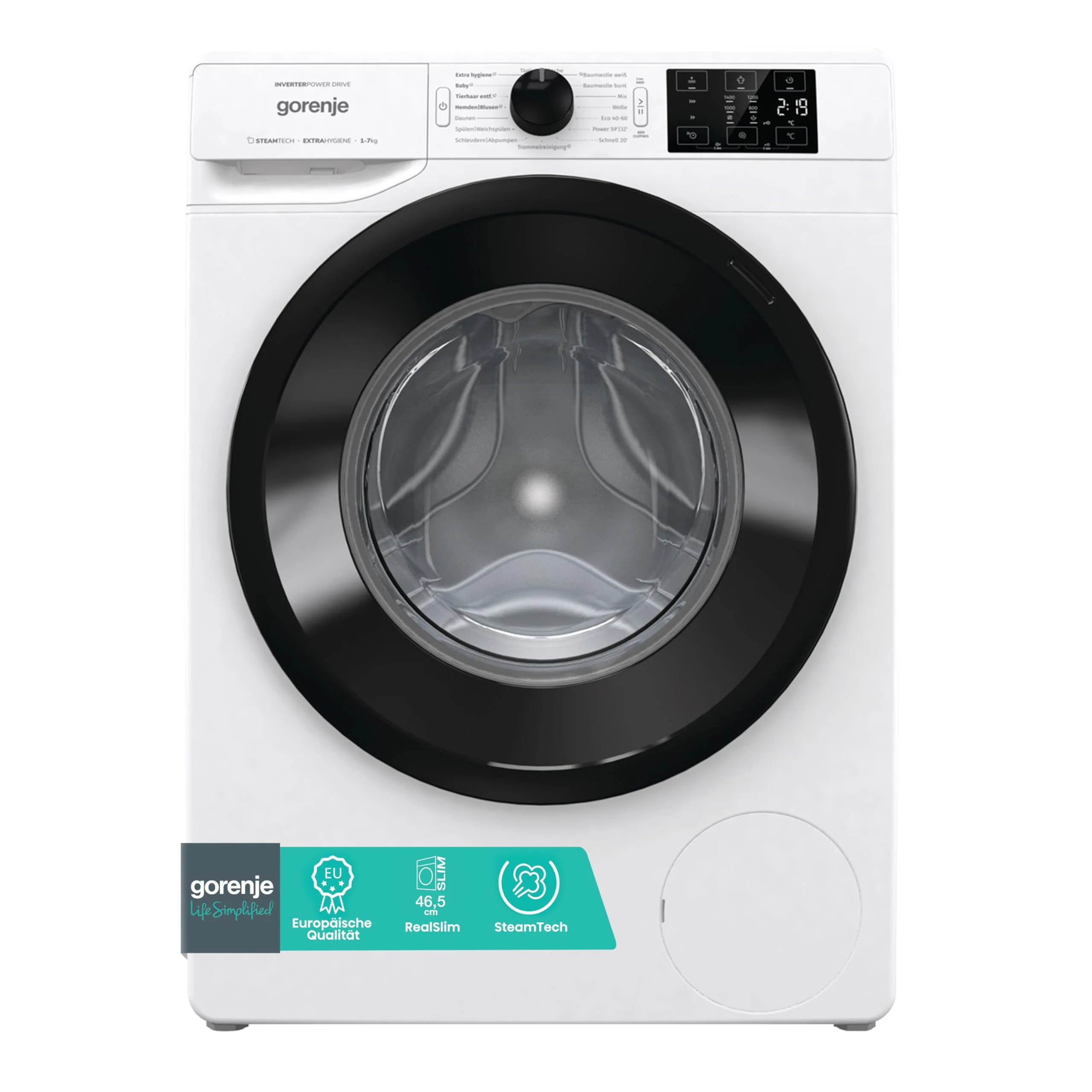 2025 Gorenje WAM 74 SAP, lavadora con función vapor, 7 kg, 1400 rpm, 16 programas, AquaStop, motor Inverter PowerDrive, tambor de acero inoxidable, seguridad infantil, clase energética A, blanco