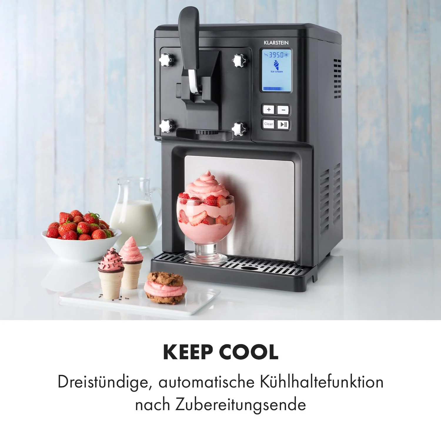 2025 Máquina para Hacer Helado Klarstein Sweet Sundae – 1,5L, Compresor con Auto-Refrigeración, 200W, Dispensador Integrado, Función de Mantener Frío 3h, Limpieza Automática – Acero Inoxidable, Negra