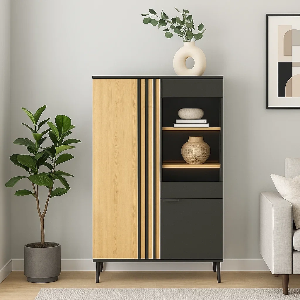 Vitrina con 2 puertas opacas y 3 estantes abiertos,aglomerado,color negro y madera clara,montaje requerido,uso interior,90x40x160 cm - wP9PSGWrt2cX