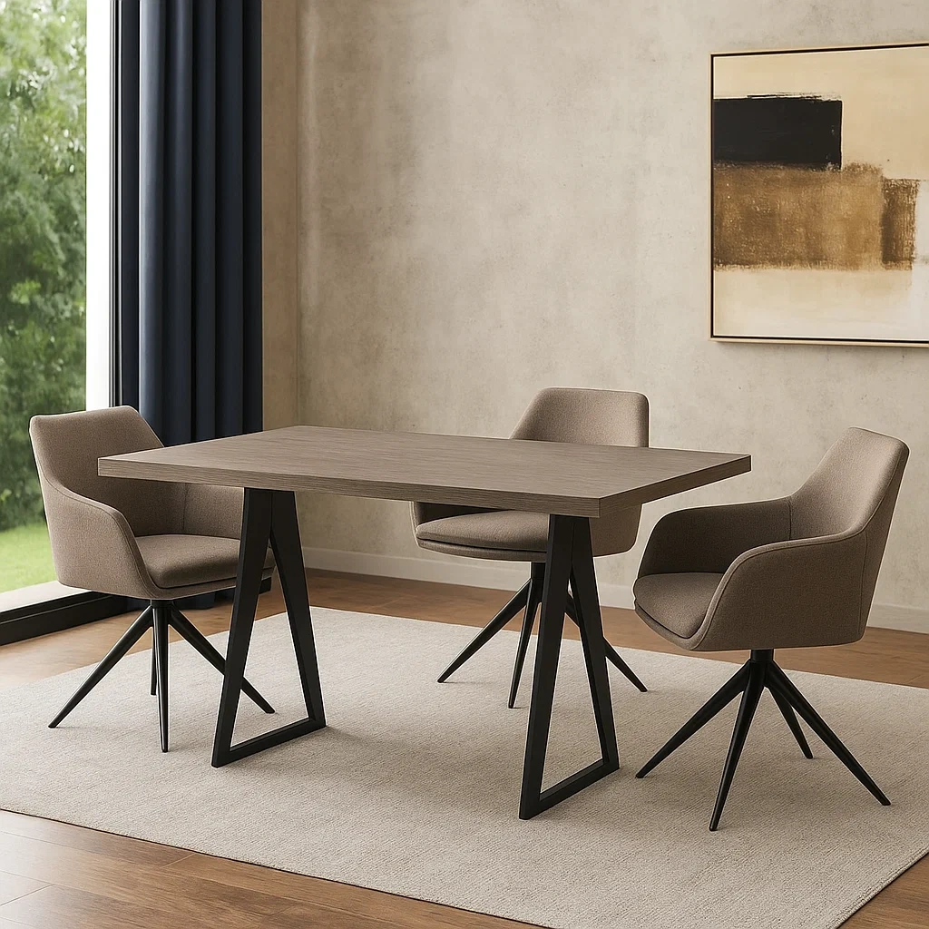 Conjuntos de comedor de 3 plazas,madera y tela,color topo,mesa rectangular con patas metálicas geométricas,estructura fija,mesa 140x80x75 cm y silla 55x56x83 cm,para comedor interior - Lgx0pLLB3RjK