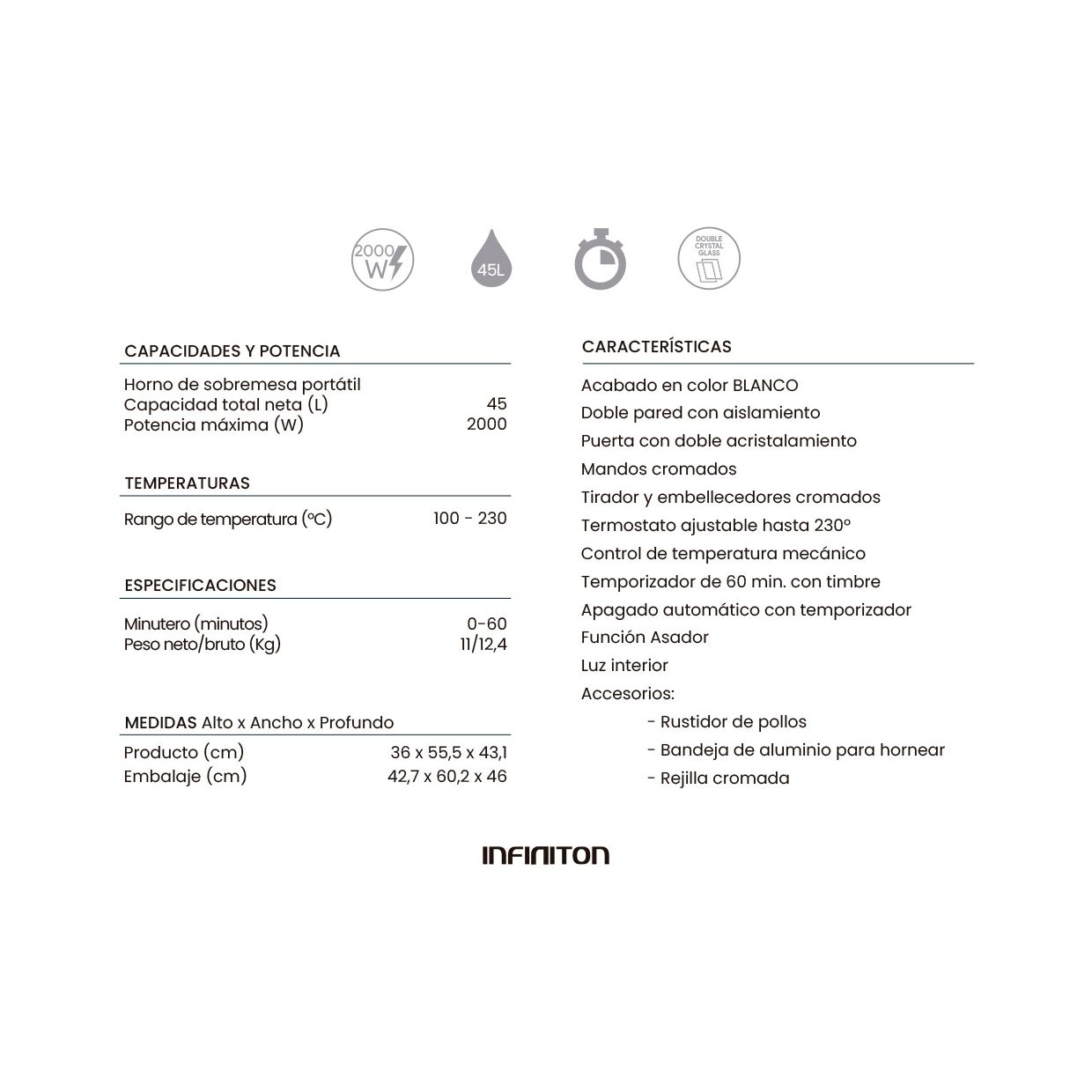 Infiniton Hsm-a45b – Horno Sobremesa, Blanco, 45l, 2000w, Convección, Función Asador, Rustidor, Doble Acristalamiento, Luz Interior, Temporizador 60 Min.