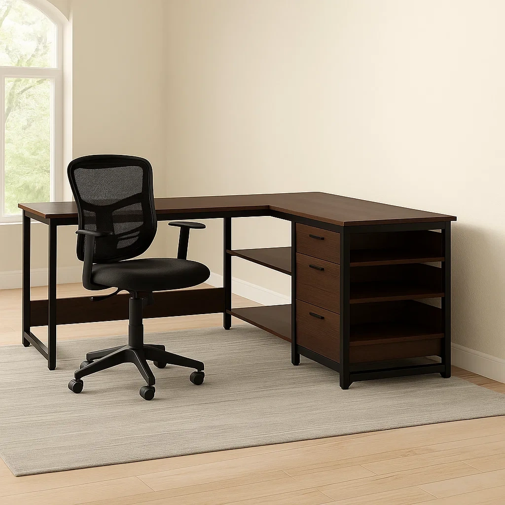 Mesa de ordenador,madera y metal,negro y marrón,con estantes y cajones,120x60x75 cm,oficina - xD22UzW0yFKi