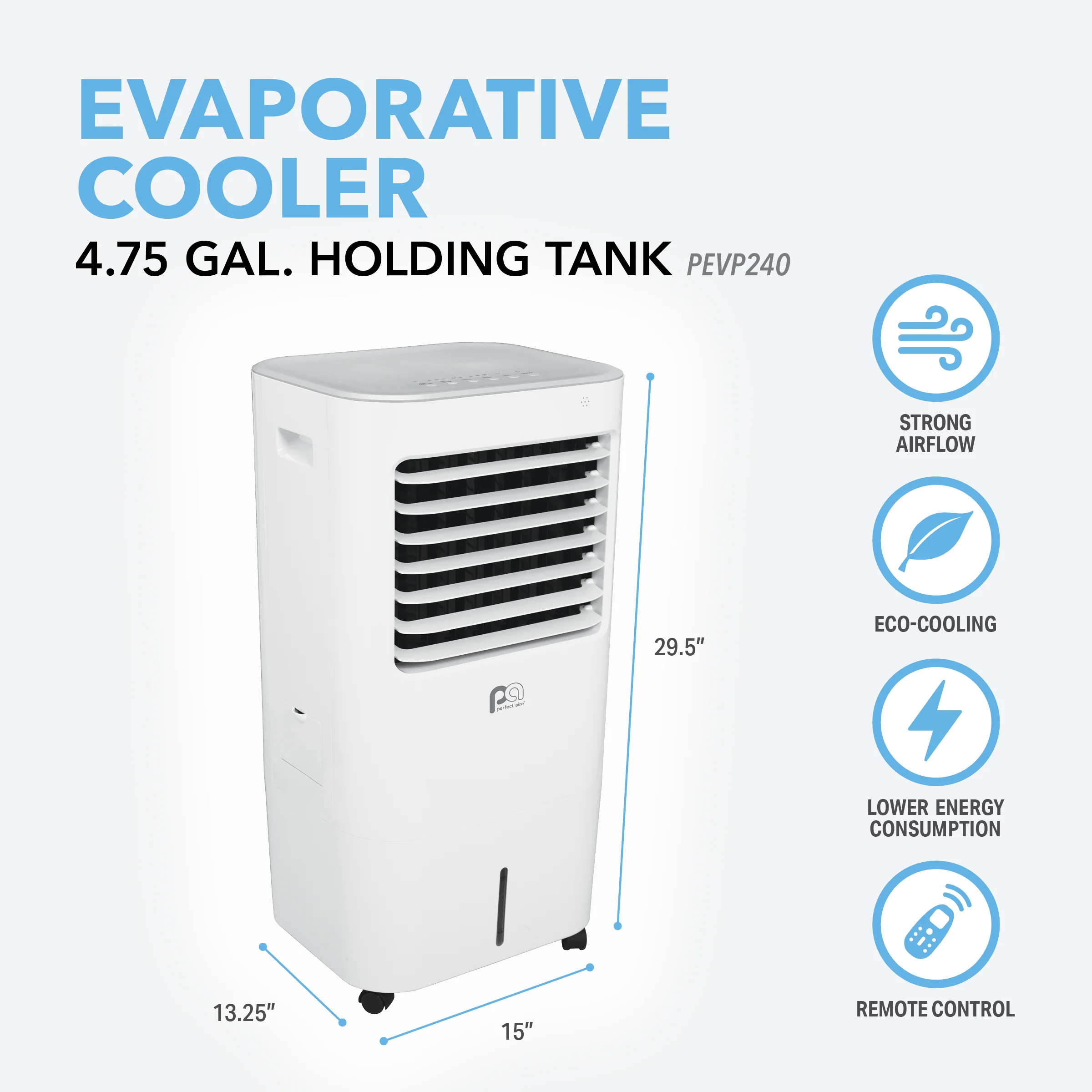Enfriador Evaporativo de 4,75 Galones con Control Remoto y Pack de Hielo Refrescante, Flujo de Aire de 240 CFM