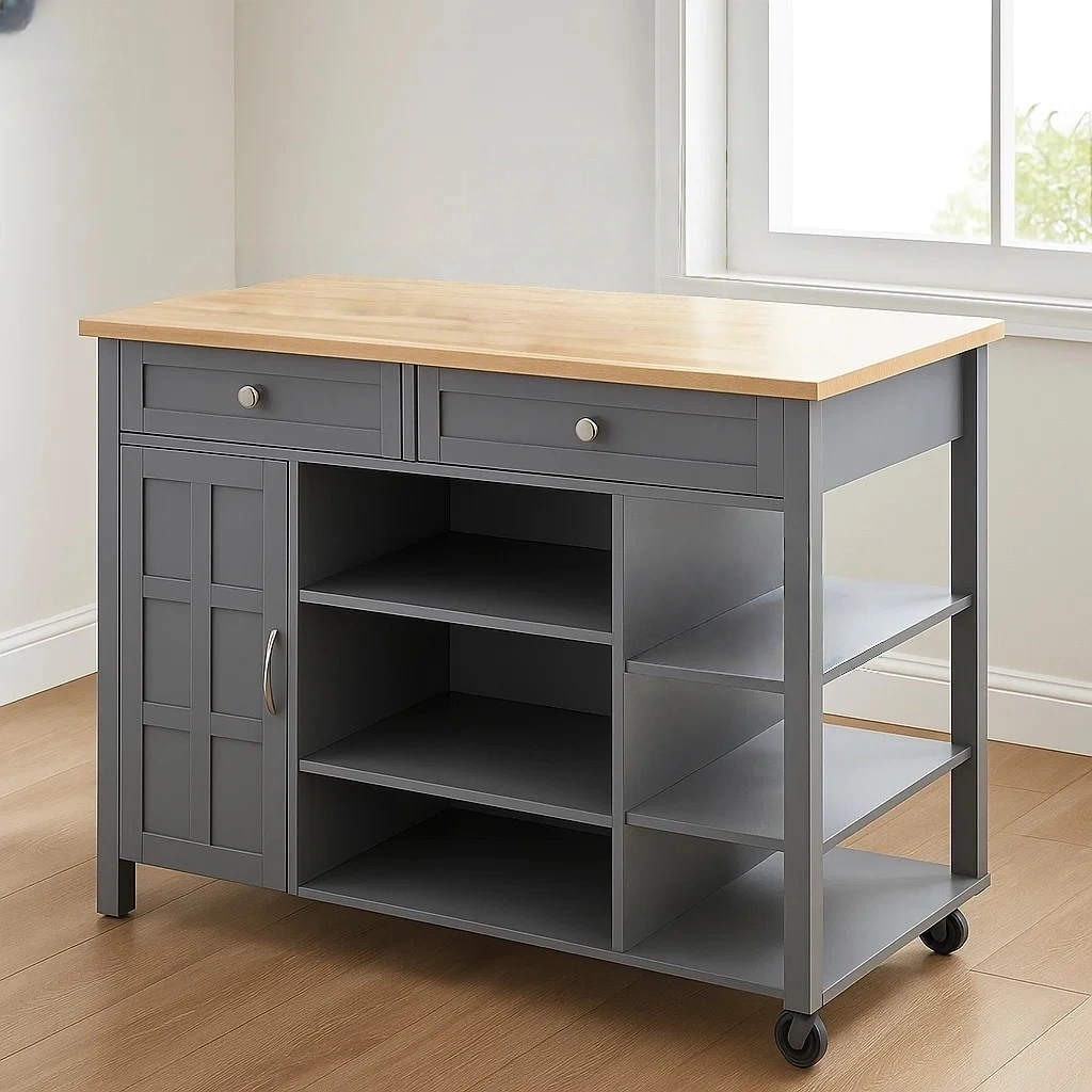 Isla cocina rectangular con ruedas de madera MDF color gris,con encimera de madera,con cajones,puerta y estantes,dimensiones de 120 cm largo,48 cm ancho,90 cm alto,para cocina doméstica - J1mKJkhFUOyb