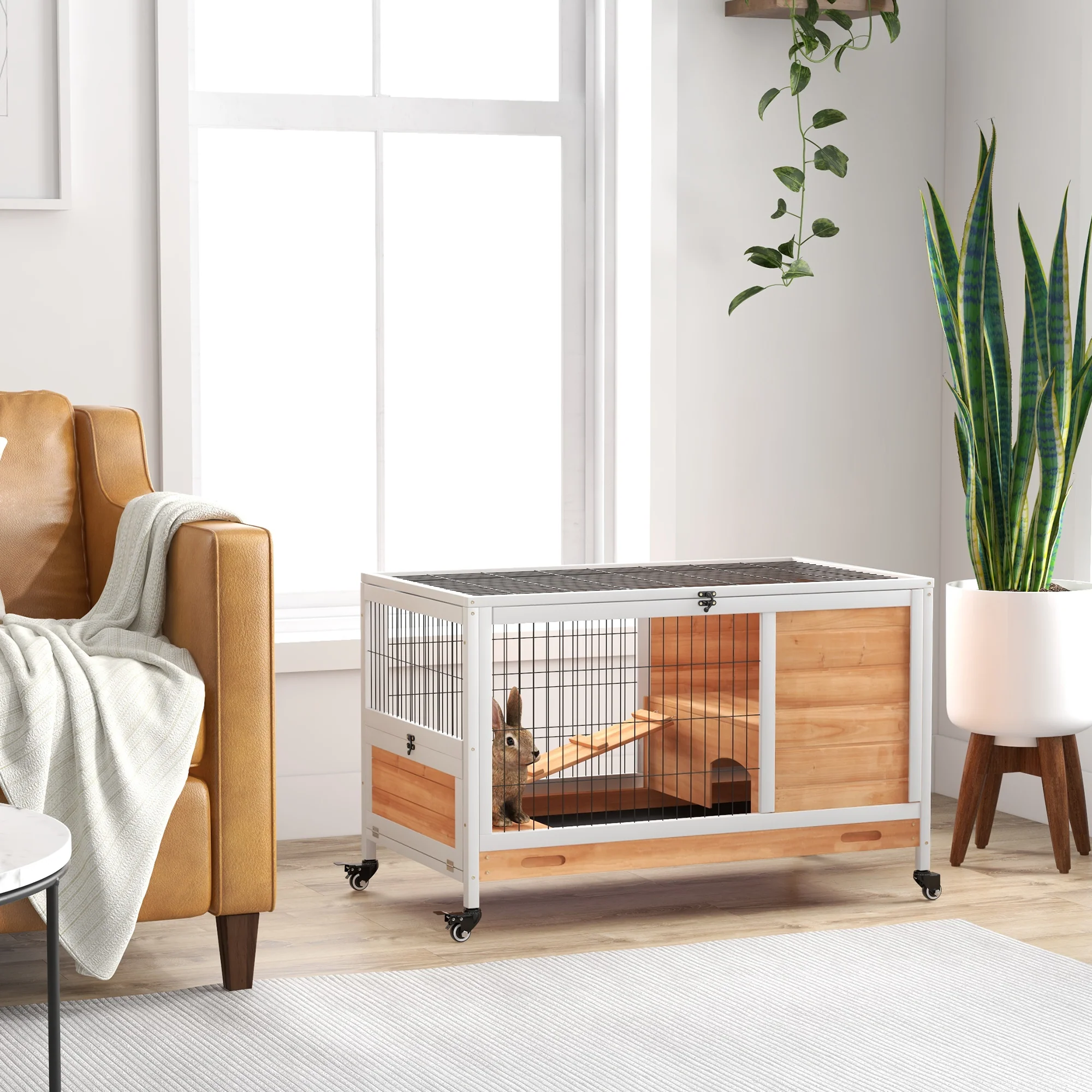 2025 Recinto para conejos PawHut de madera para interiores, diseño de 2 niveles con ruedas, amarillo