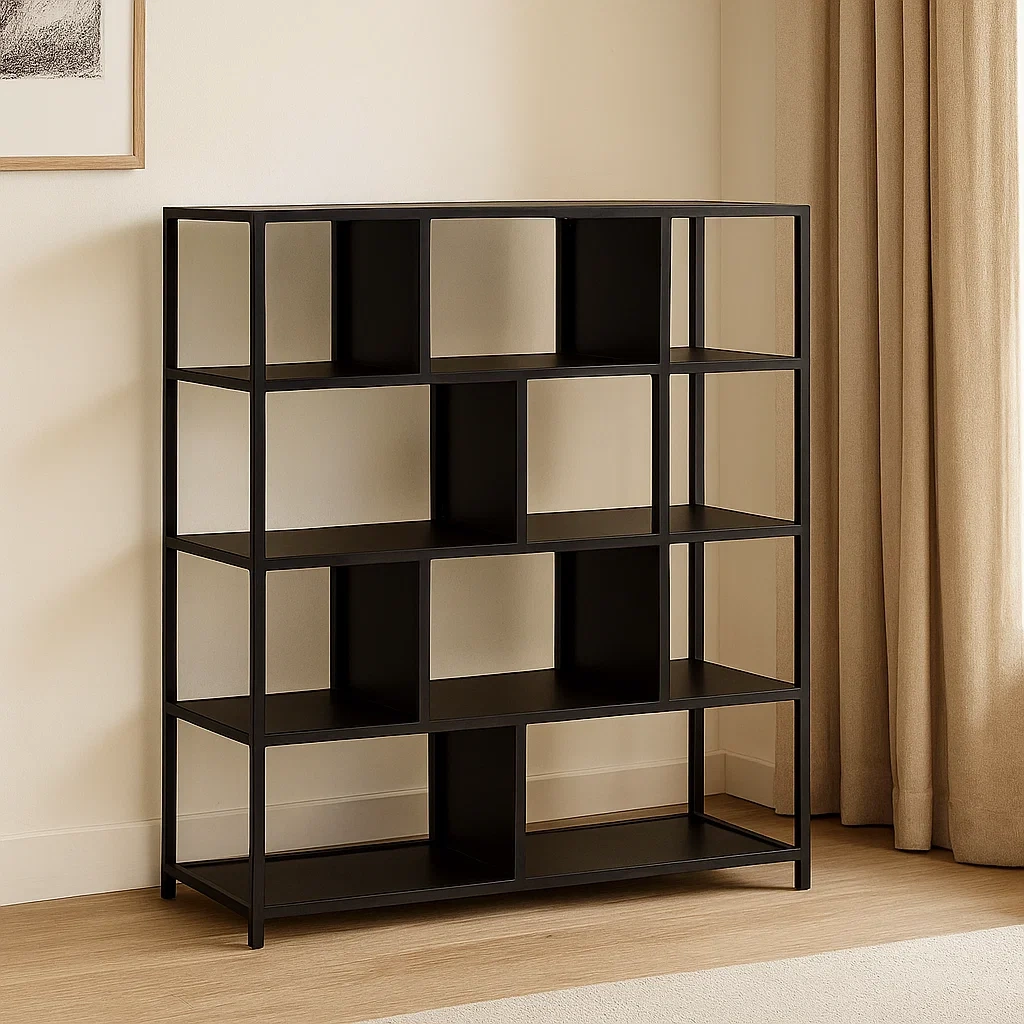 Librería de metal,4 estantes,estructura de hierro,color negro,para oficina o sala de estar,instalación en pared,120x30x150 cm - zSOVwDnlgubK