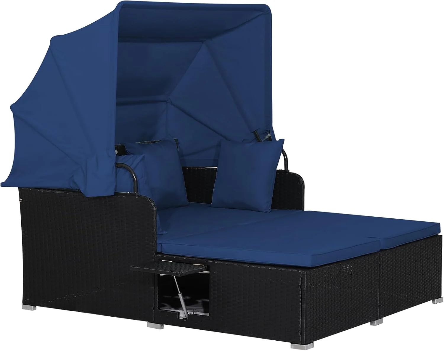 RELAX4LIFE Cama de Jardín Exterior con Dosel, Tumbona de Resina Trenzada con Cojines, 4 Almohadas y 2 Bandejas Laterales Retráctiles, Cama Lounge para 2 Personas para Piscina, Porche, Jardín, Cama de Exterior de Ratán (Turquesa)