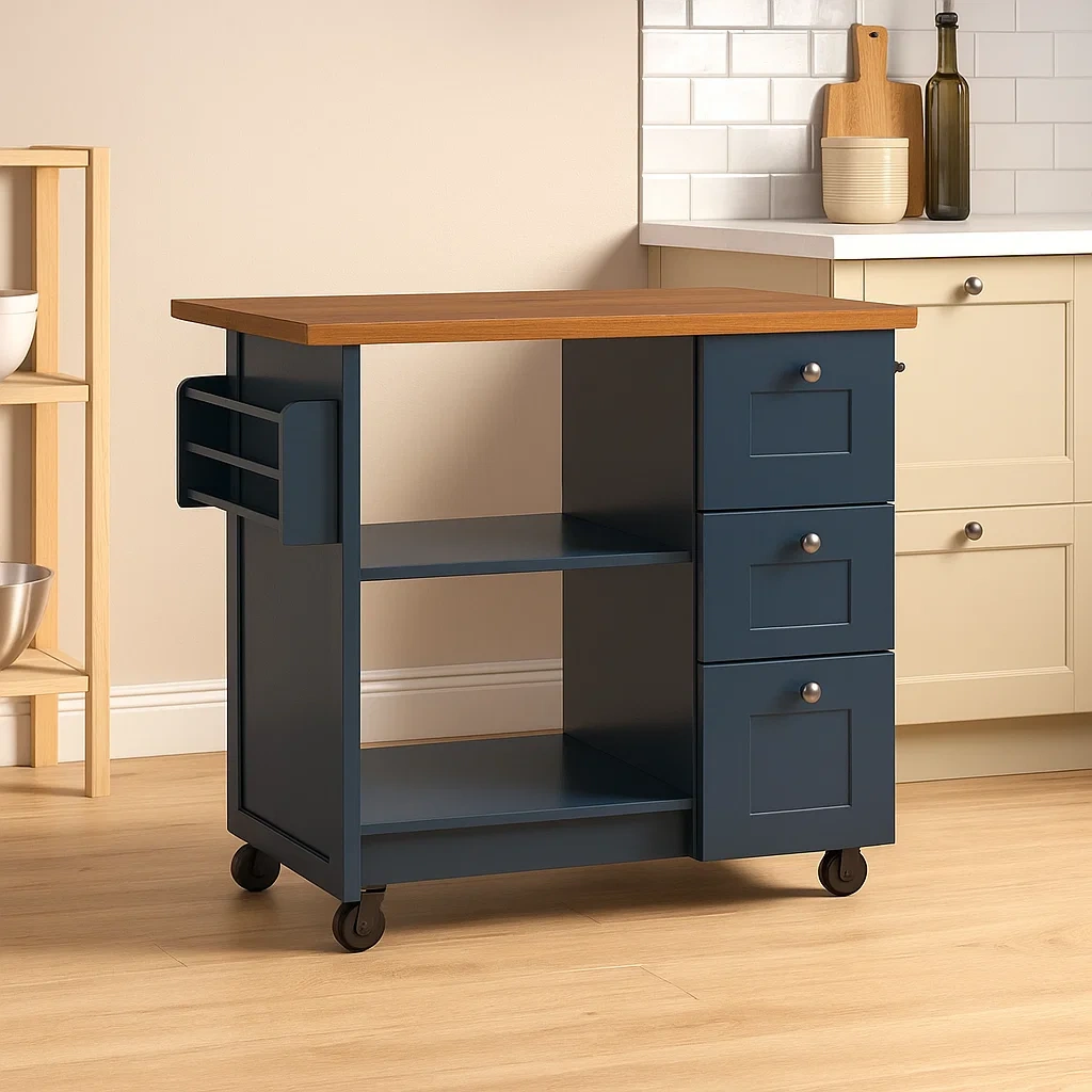 Isla cocina rectangular con estantes y cajones,madera color azul y natural,con ruedas,120x60x90 cm,para cocina doméstica - km0AjGvoRLSb