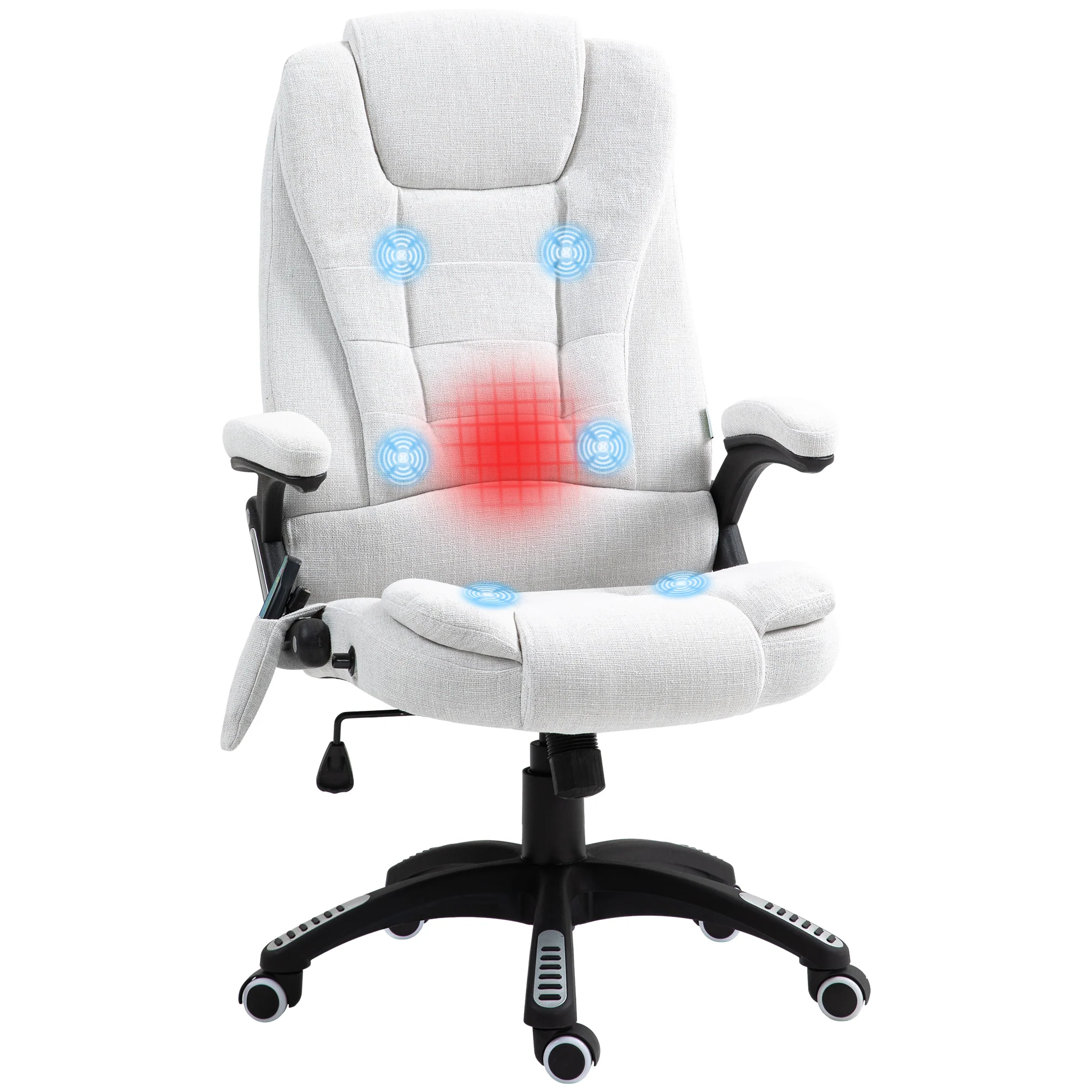 Silla de Oficina Ergonómica con Masaje de 6 Puntos y Calefacción en la Espalda, Tela Tipo Lino, Blanco Crema