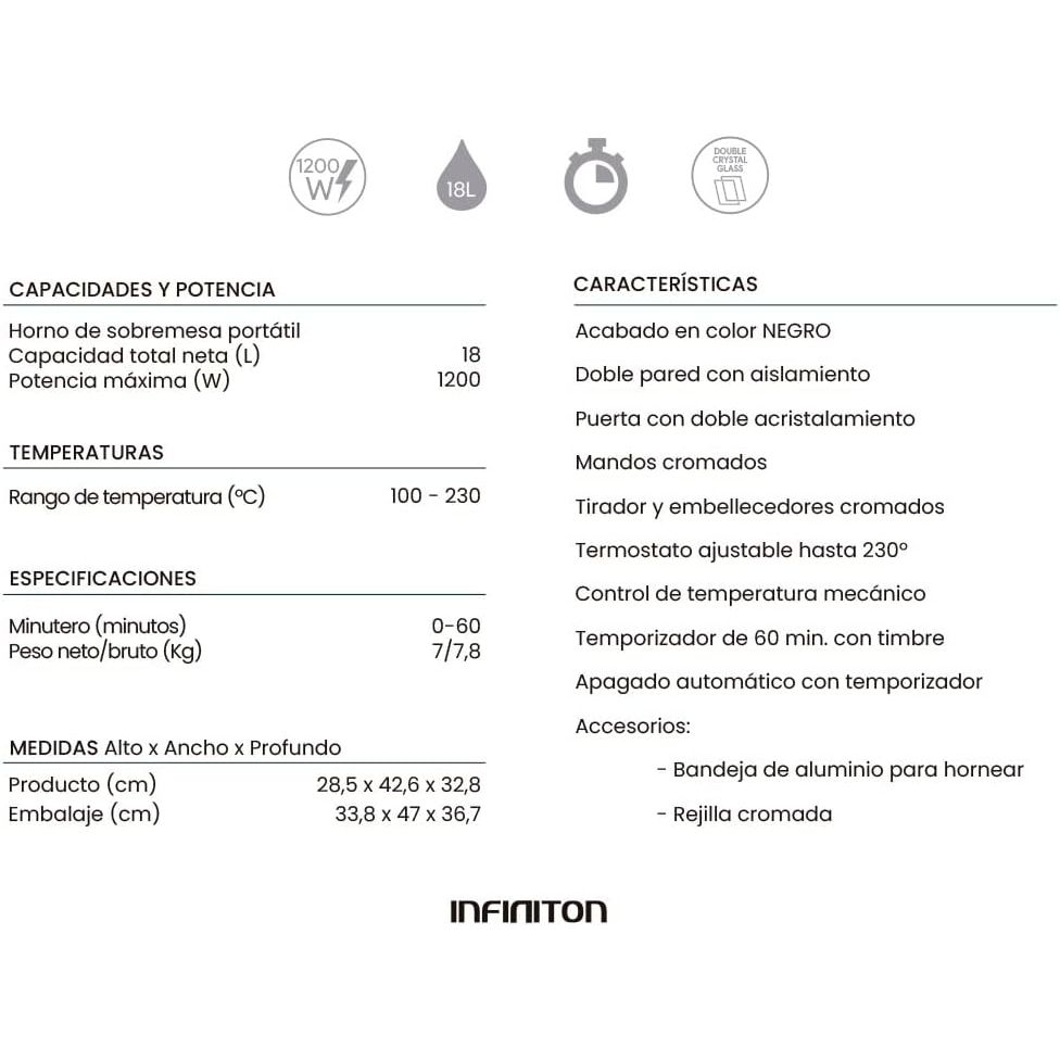 Infiniton Hsm-a18n – Horno Sobremesa, Negro, 18l, 1200w, Doble Acristalamiento, Control De Temperatura, Temporizador 60 Min.