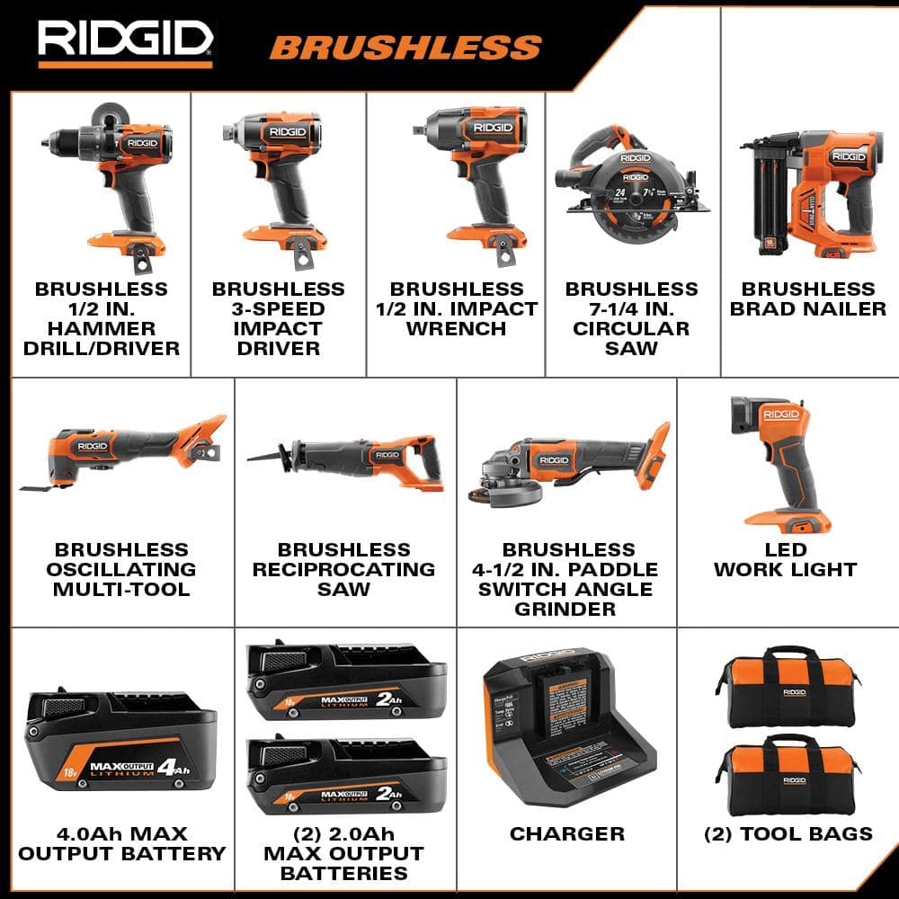 2025 RIDGID Kit Combo 18V sin escobillas de 9 herramientas con (2) baterías de 2.0 Ah y (1) batería de 4.0 Ah, cargador y bolsa para herramientas R96265N