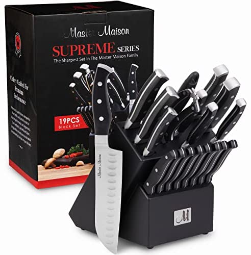 Juego de Cuchillos de Cocina Premium de 19 Piezas con Bloque de Madera | Cuchillería de Acero Inoxidable Alemán Master Maison con Afilador de Cuchillos y 8 Cuchillos para Bistec