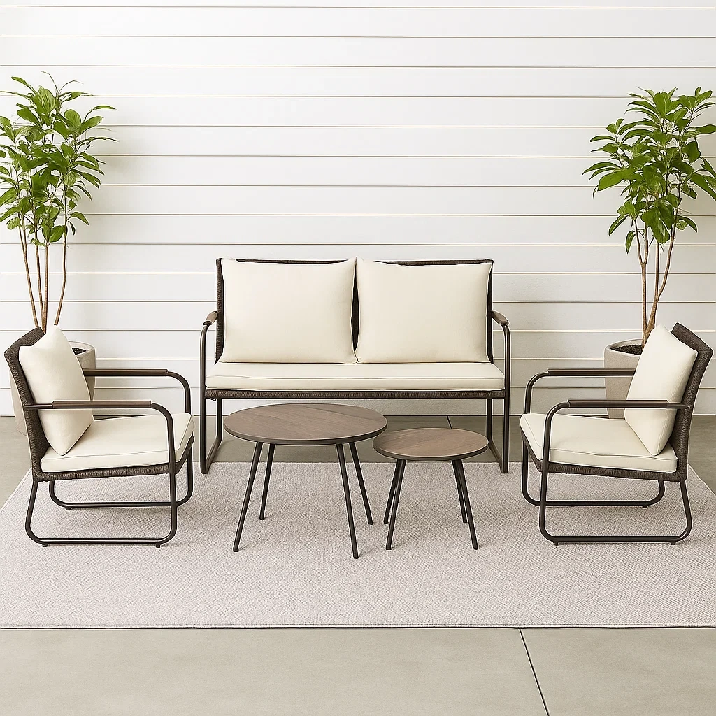 Muebles de salón para jardín,5 piezas,con estructura metálica y asiento de ratán,color marrón,y cojines color crema,mesa redonda,diámetro 60x45 cm,2 sillas 60x60x80 cm,sofá 120x60x80 cm,mesa auxiliar,diámetro 30x40 cm. - gAv5s2wMz5P2