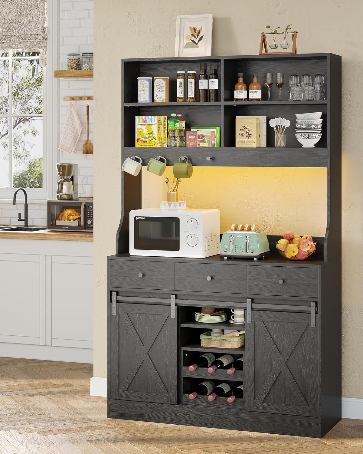 Armario de cocina, Armario Aparador Cocina con LED, Enchufes, Armario Buffet, Estante de vino extraíble, 3 Cajones, Estantes ajustables, Cocina, Sala de estar, Comedor, 103.5*40*180 cm, Negro