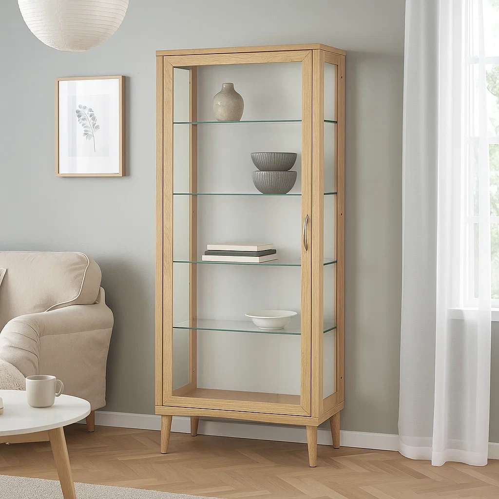 Vitrina con puerta de vidrio,5 estantes,madera,color madera clara,instalación fácil,para sala de estar,60x35x150 cm - U0sILJsbBWcu