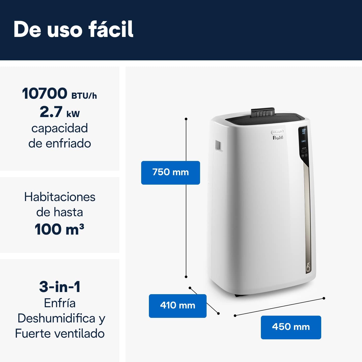 Pingüino PACEL98 ECO Silent Aire Acondicionado Portátil Silencioso con Tecnología Eco Real Feel, Interfaz Digital, Función Deshumidificadora, 2.7 kW, 64 dB, Plástico, Blanco, Clasa A, 100m3