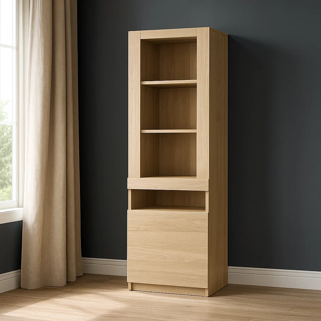 Vitrina con 1 puerta opaca y 4 estantes abiertos,aglomerado,color madera clara,montaje requerido,uso interior,50x40x180 cm - KrBPiOiePdp9