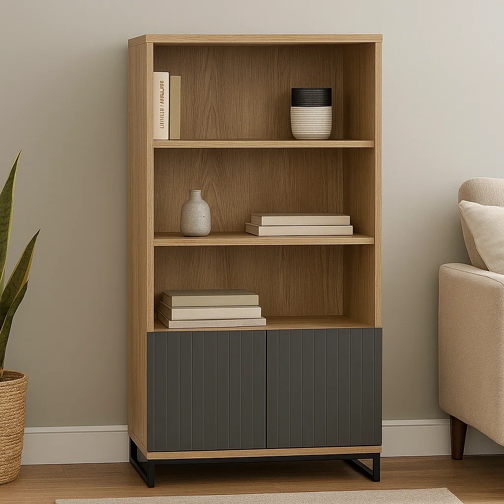 Librería,estructura de madera,3 estantes,puertas de madera gris,instalación en el suelo,color natural y gris,dimensiones 80x35x180 cm - cRdhDRF1FDUn