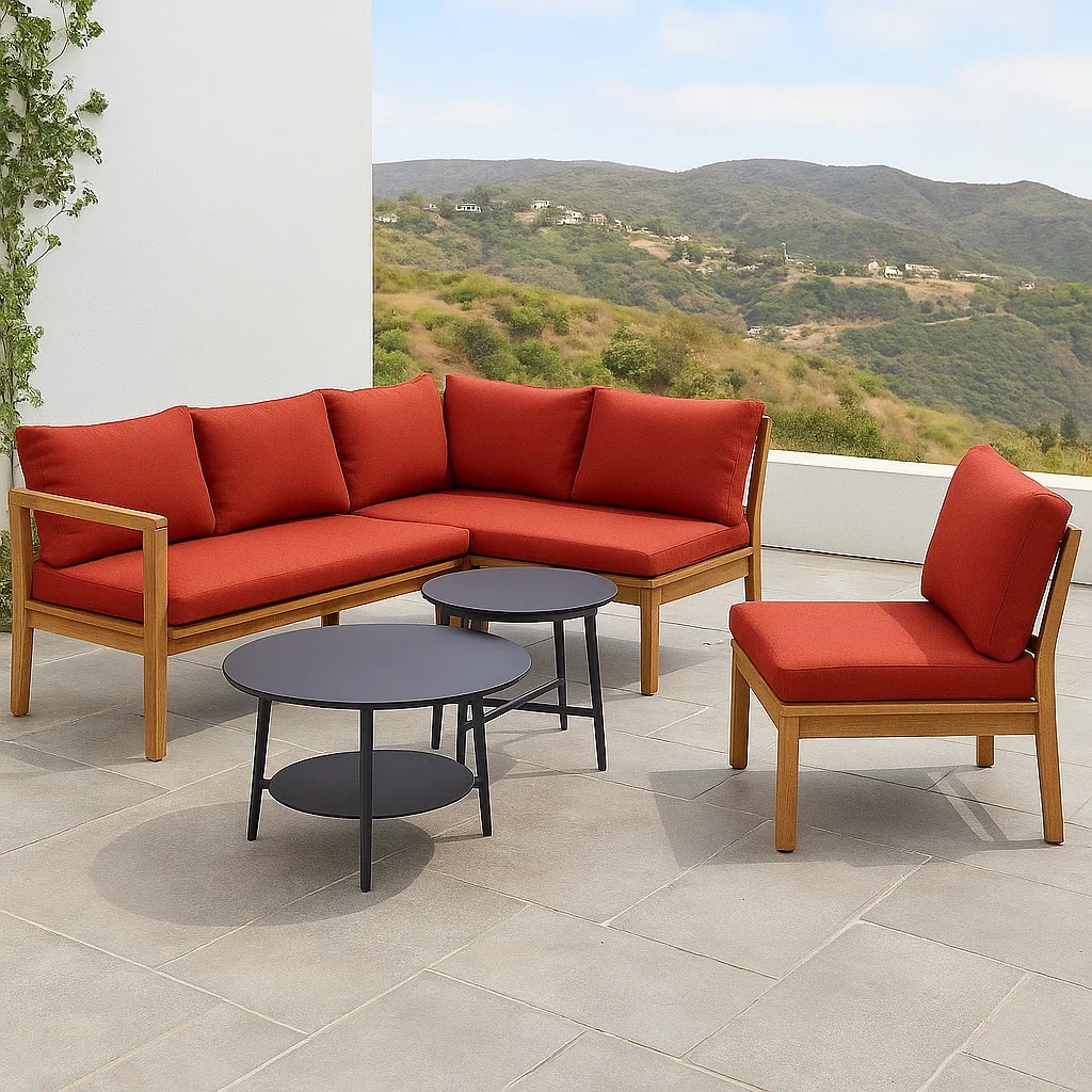 Muebles de salón para jardín 4 piezas con estructura de madera color natural,cojines rojos,mesa redonda diámetro 60x45 cm,sofá 150x80x70 cm,silla 60x60x70 cm,mesa auxiliar diámetro 30x40 cm - czXEssnJaDls