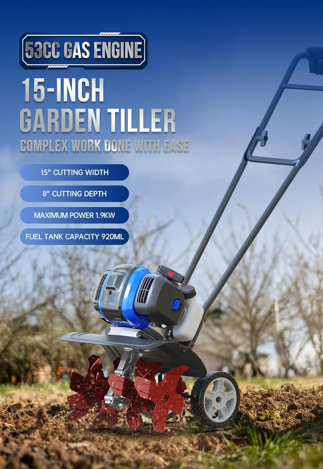 Cultivador de Jardín de 53cc – Mini Cultivador de 15 Pulgadas con Palanca Reforzada Desmontable. Herramienta de Labranza para Céspedes. Jardines y Campos