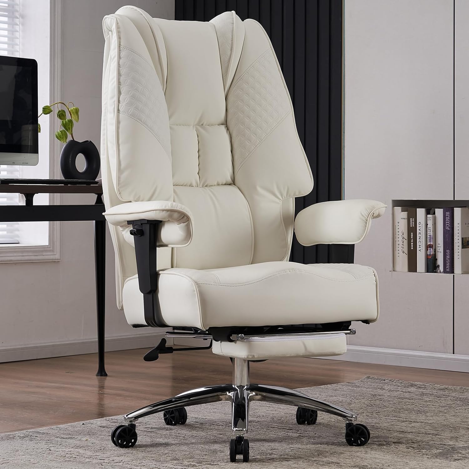 Silla de Oficina Alta y Ancha para 400 lbs, Silla Ejecutiva de Cuero con Respaldo Alto y Reposapiés, Silla Ergonómica con Soporte Lumbar para Aliviar el Dolor de Espalda Baja (Beige)
