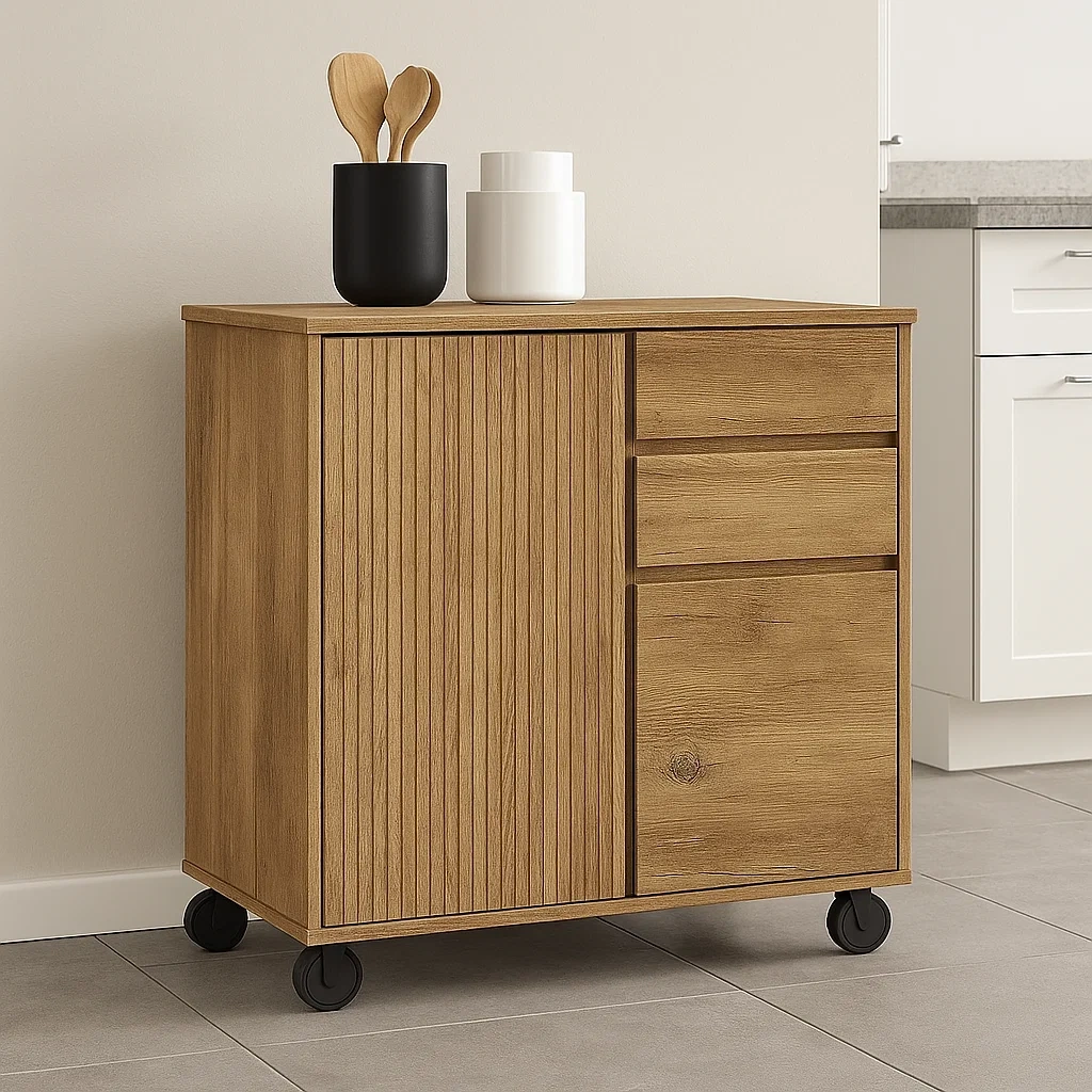 Isla cocina rectangular,de madera MDF,color roble,con ruedas,dos cajones y dos puertas,80x40x75 cm,uso doméstico. - tzPrsDKzDS3M