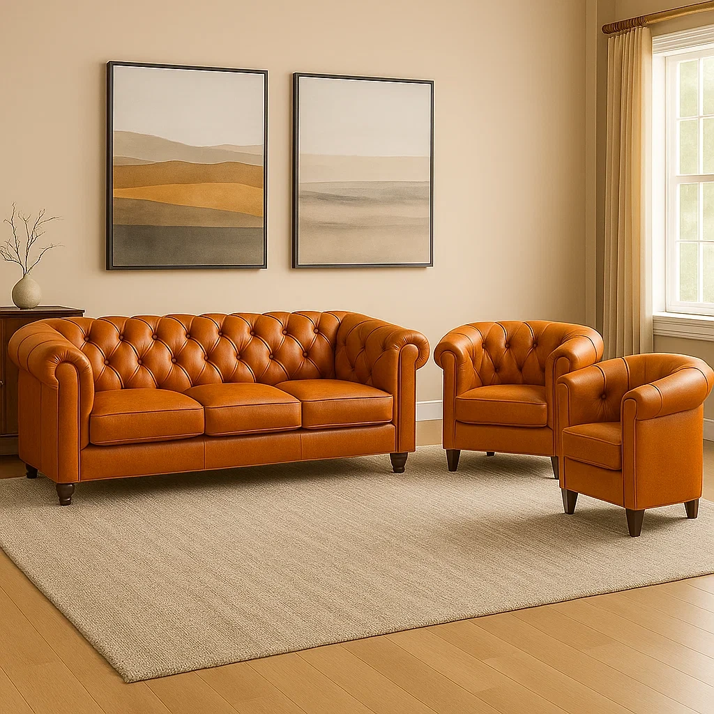 Conjunto sofás 3 plazas y 2 sillones,estructura de madera,cojines de espuma,cuero en color marrón claro,para salón,dimensiones sofá 210x70x85 cm,sillón 70x70x85 cm - b4FcpJC5V6hU