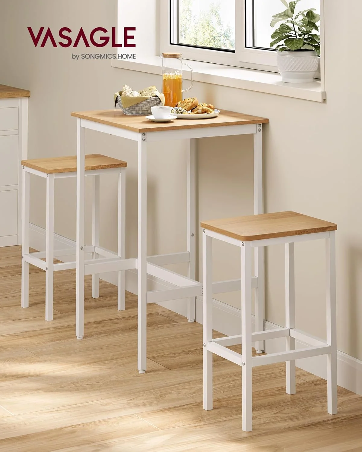 Conjunto de bar con mesa cuadrada y 2 taburetes. set de comedor para 2 personas. ahorro de espacio para cocina. rincón de desayuno. salón. sala de fiestas. en roble dorado y blanco nube