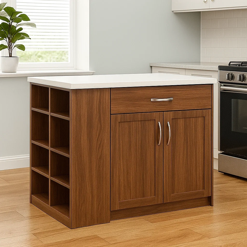 Isla cocina,rectangular con estantería para botellas,cajón y armario de madera MDF,color nogal,con encimera blanca,instalación independiente,100x60x90 cm,uso doméstico - WzdFJKPUykK4