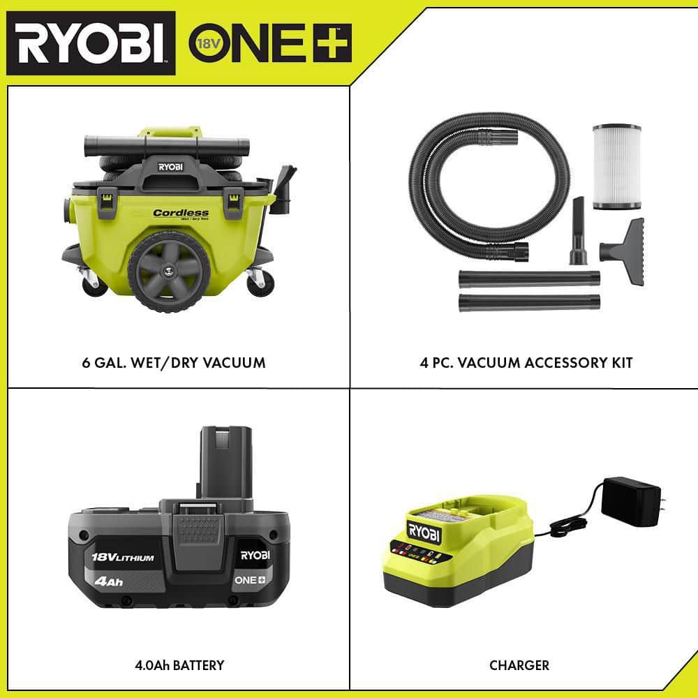 2025 Kit de Aspiradora Seca/Húmeda Inalámbrica Ryobi ONE+ 18V de 6 Galones con Batería de 4.0 Ah, Cargador y Accesorios P770KN