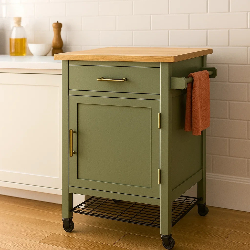 Isla cocina,diseño con ruedas,material madera y metal,color verde,con 1 cajón y 1 puerta,tamaño 60x40x85 cm,uso para almacenamiento en cocina - fLlnizLbuw9k