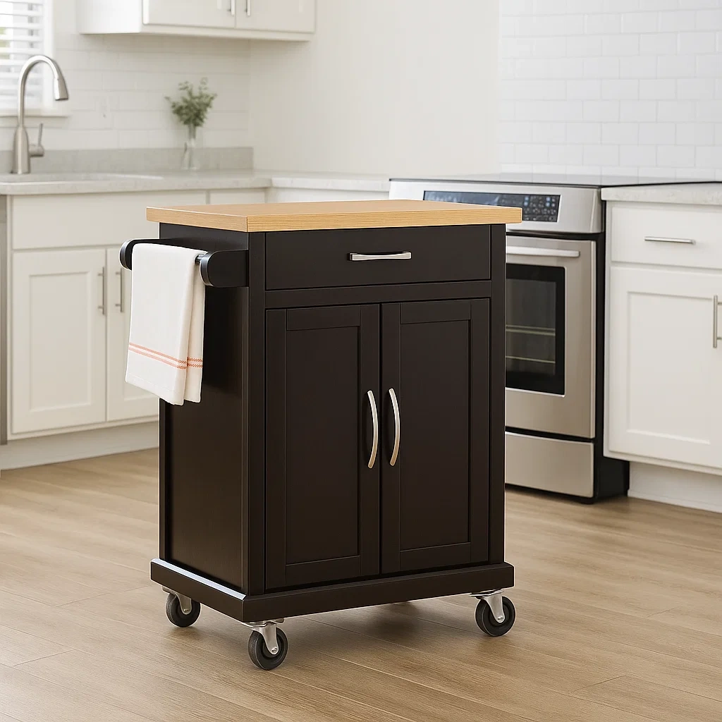 Isla cocina,forma rectangular de madera MDF,negro,con encimera de madera clara,con ruedas y armario con cajón,91x45x89 cm,uso doméstico. - blMAuTUwKxoP