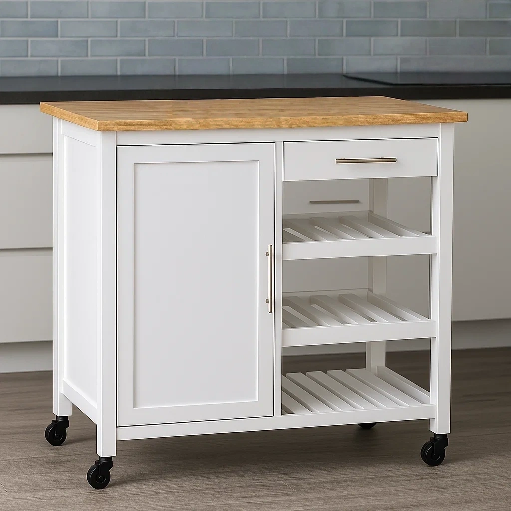 Isla cocina rectangular,con ruedas de madera MDF,color blanco,con encimera de madera,con cajón,puerta y estantes abiertos,dimensiones de 100 cm largo,45 cm ancho,90 cm alto,para cocina doméstica. - mH7g5EFNczfz