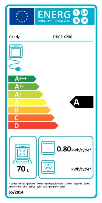 Horno Convencional Candy FIDCP X200, 2100 W, 70 L, Apertura Abatible, 3 Funciones de Cocción, Eficiencia A - Inox