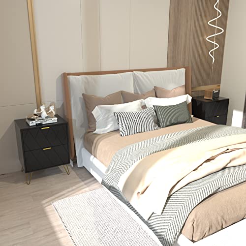 2025 Mesita de noche negra Anbuy con tiradores dorados – Mesa auxiliar con 2 cajones