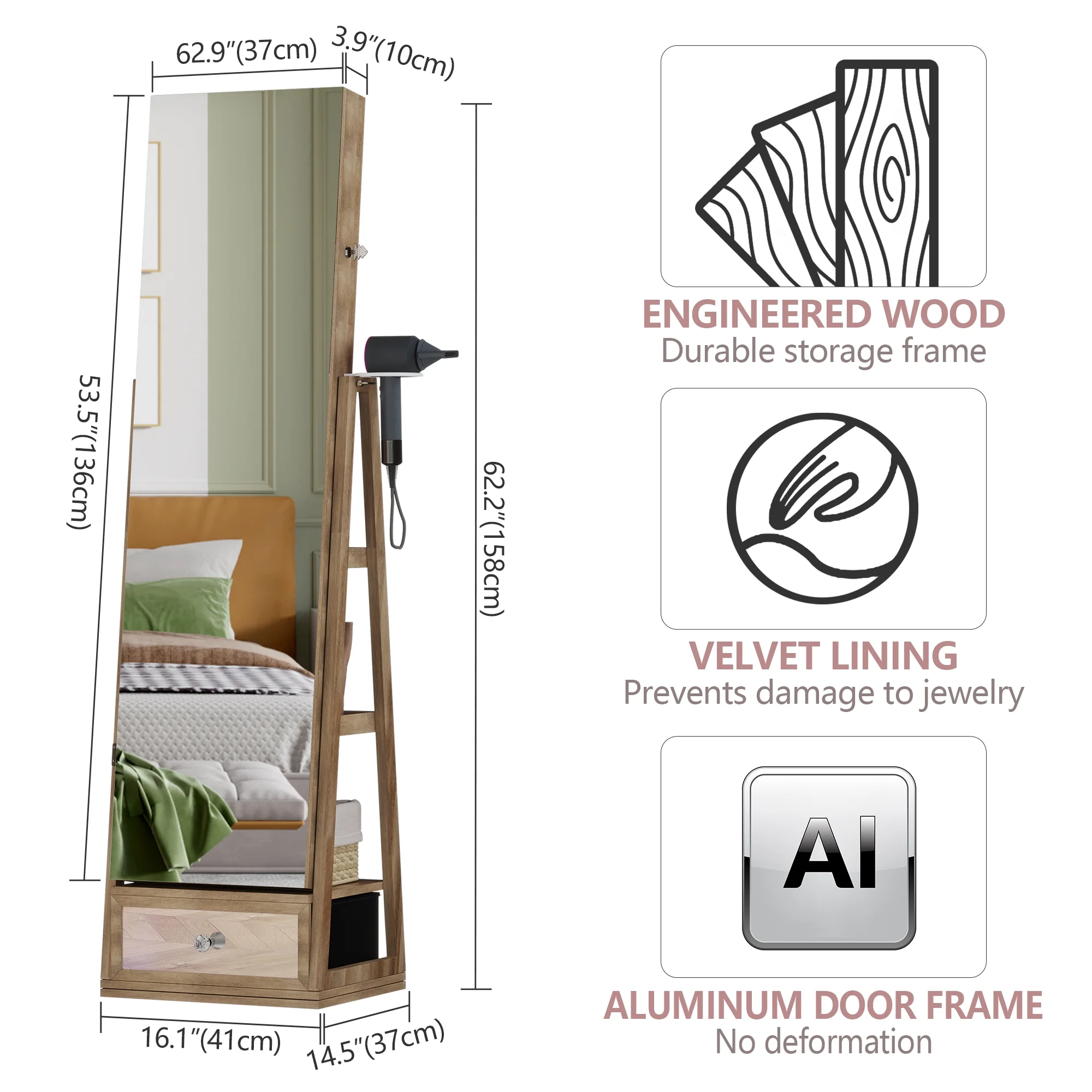 Joyero giratorio de 360° con espejo. luces LED y cerradura – Color marrón