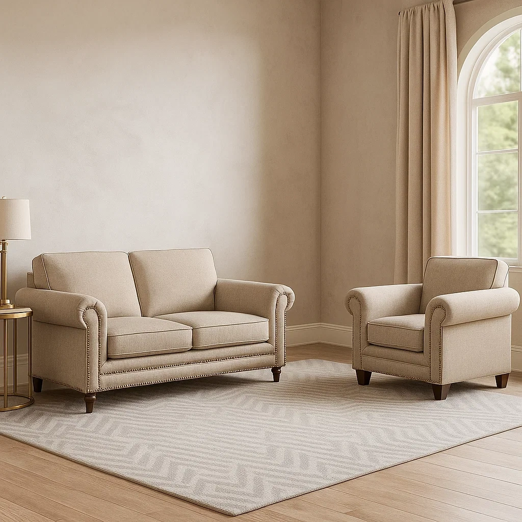 Conjunto sofás,2 plazas y 1 sillón,estructura de madera,cojines de espuma,tapizado en tela beige,para salas de estar,dimensiones del sofá 150x85x90 cm,dimensiones del sillón 80x85x90 cm - CJTPPzOYlAjO