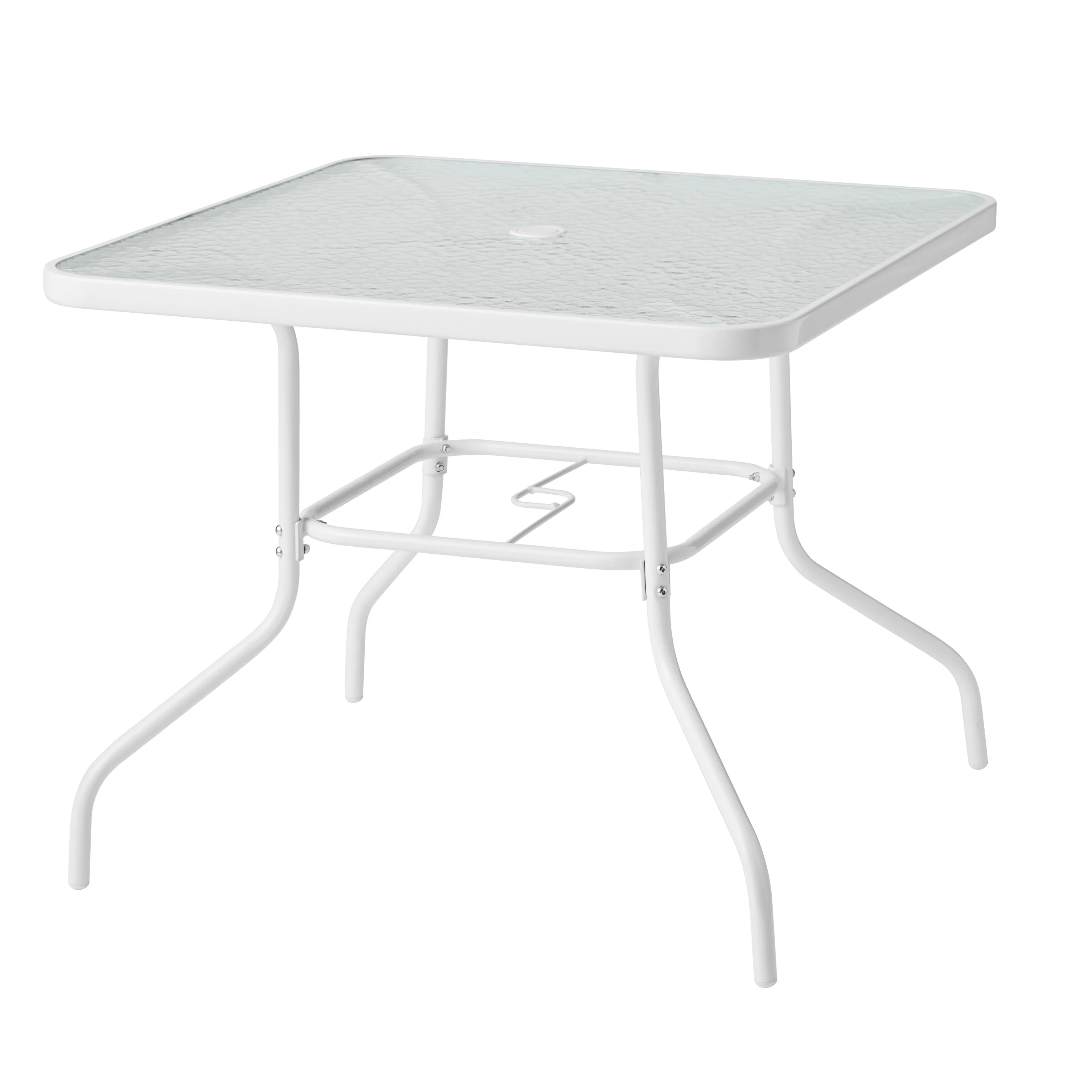 2025 Juego de comedor exterior Mainstays Albany Lane de 5 piezas, estructura de acero blanca y tela azul