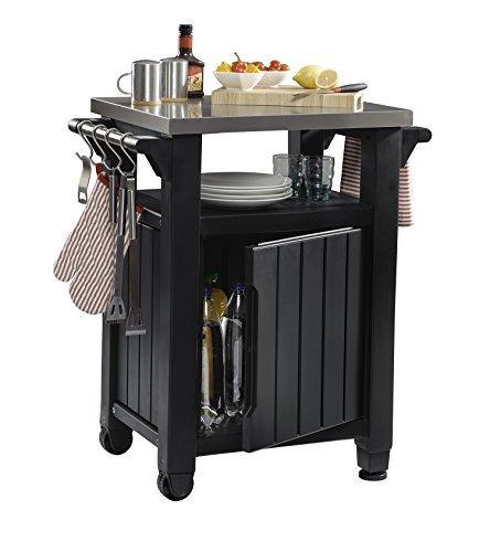 Keter Unity Mesa Portátil para Exterior y Gabinete de Almacenamiento con Ganchos para Accesorios de Parrilla - Superficie de Acero Inoxidable para Isla de Cocina o Carro de Bar en Patio, Gris Oscuro