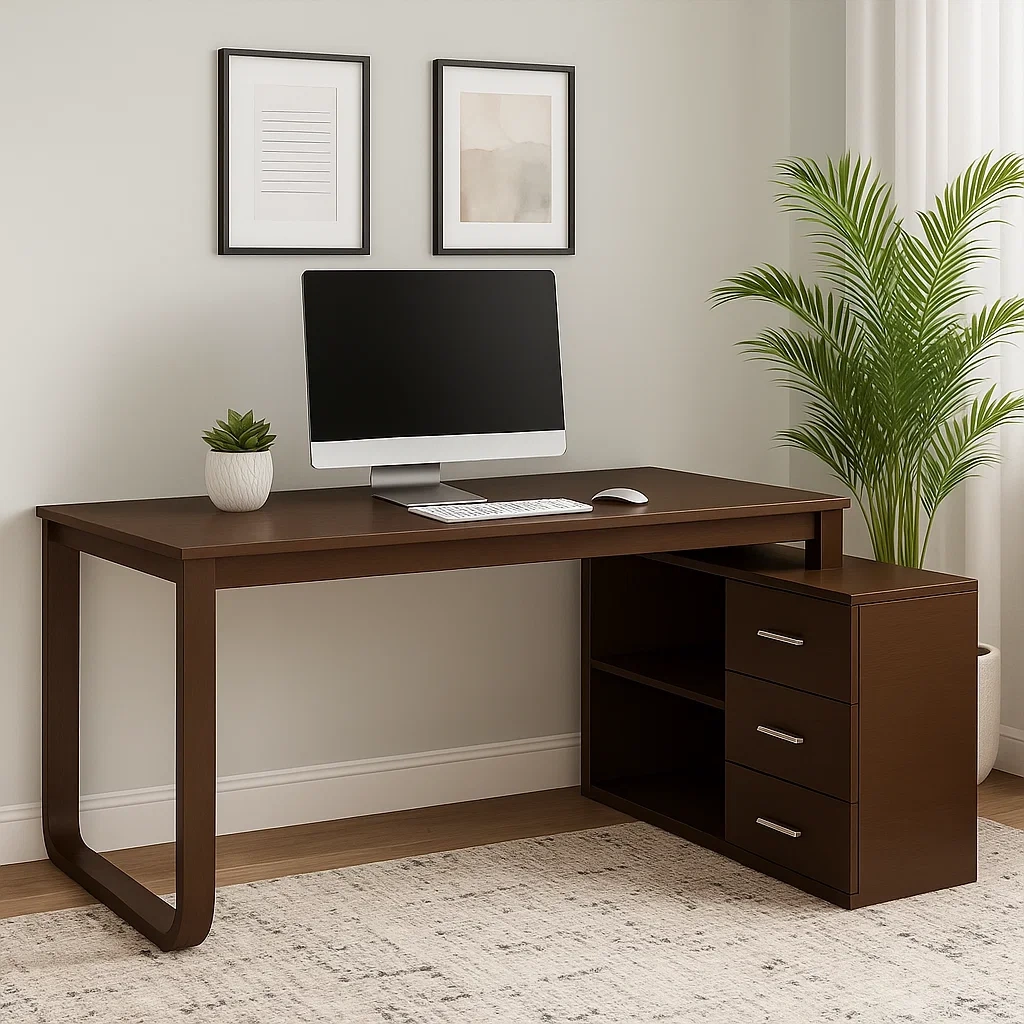 Escritorio para oficina con estantería y 3 cajones,Madera de color oscuro,120x60x75 cm - iOtvgpl302Ra