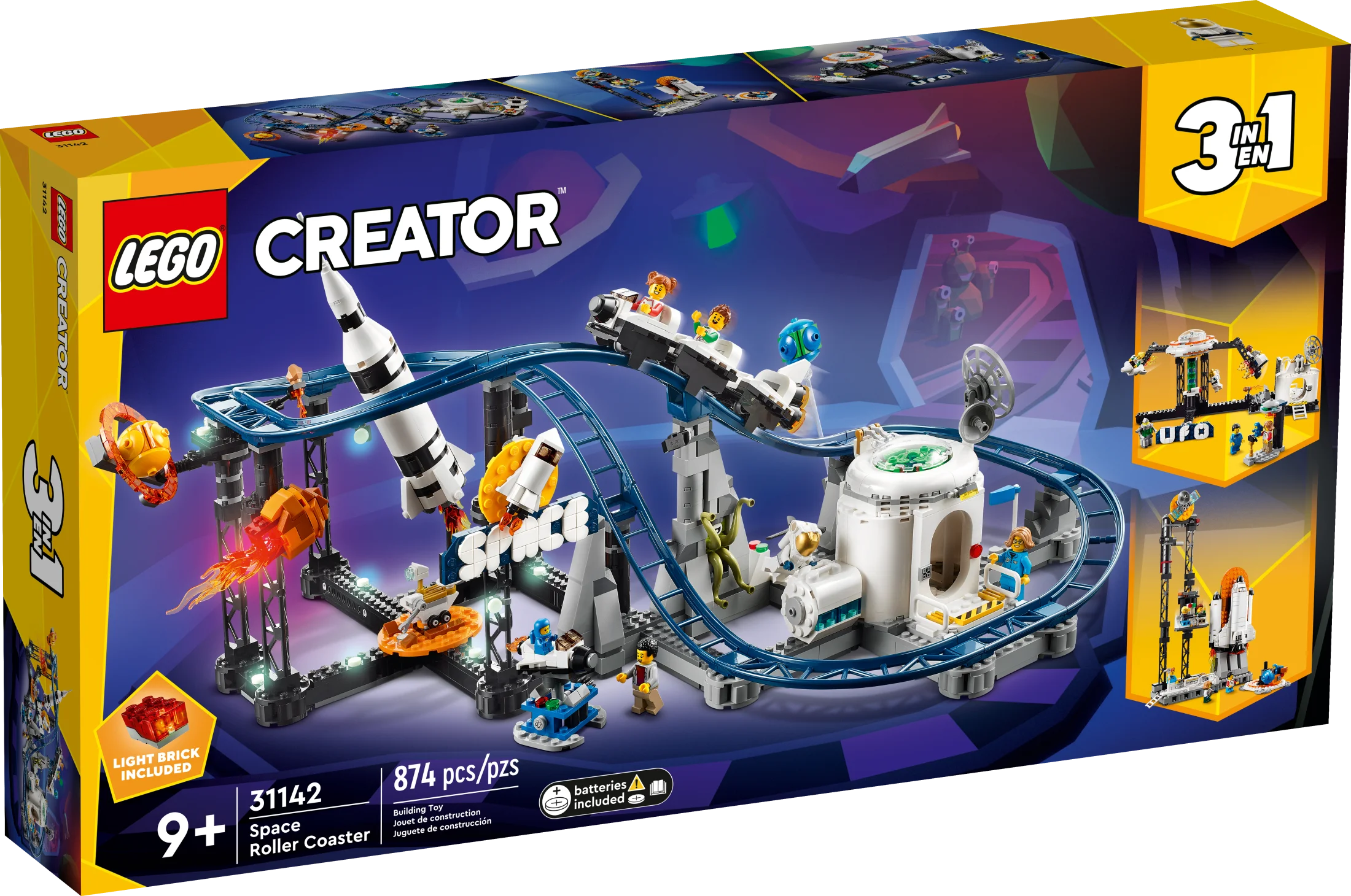 LEGO Creator 3 en 1 Montaña Rusa Espacial, Parque de Diversiones Reconfigurable, Construye una Montaña Rusa Espacial, Torre de Caída o Carrusel Giratorio, con 5 Minifiguras, Juguete de Construcción para Niños de 9 Años en Adelante, 31142