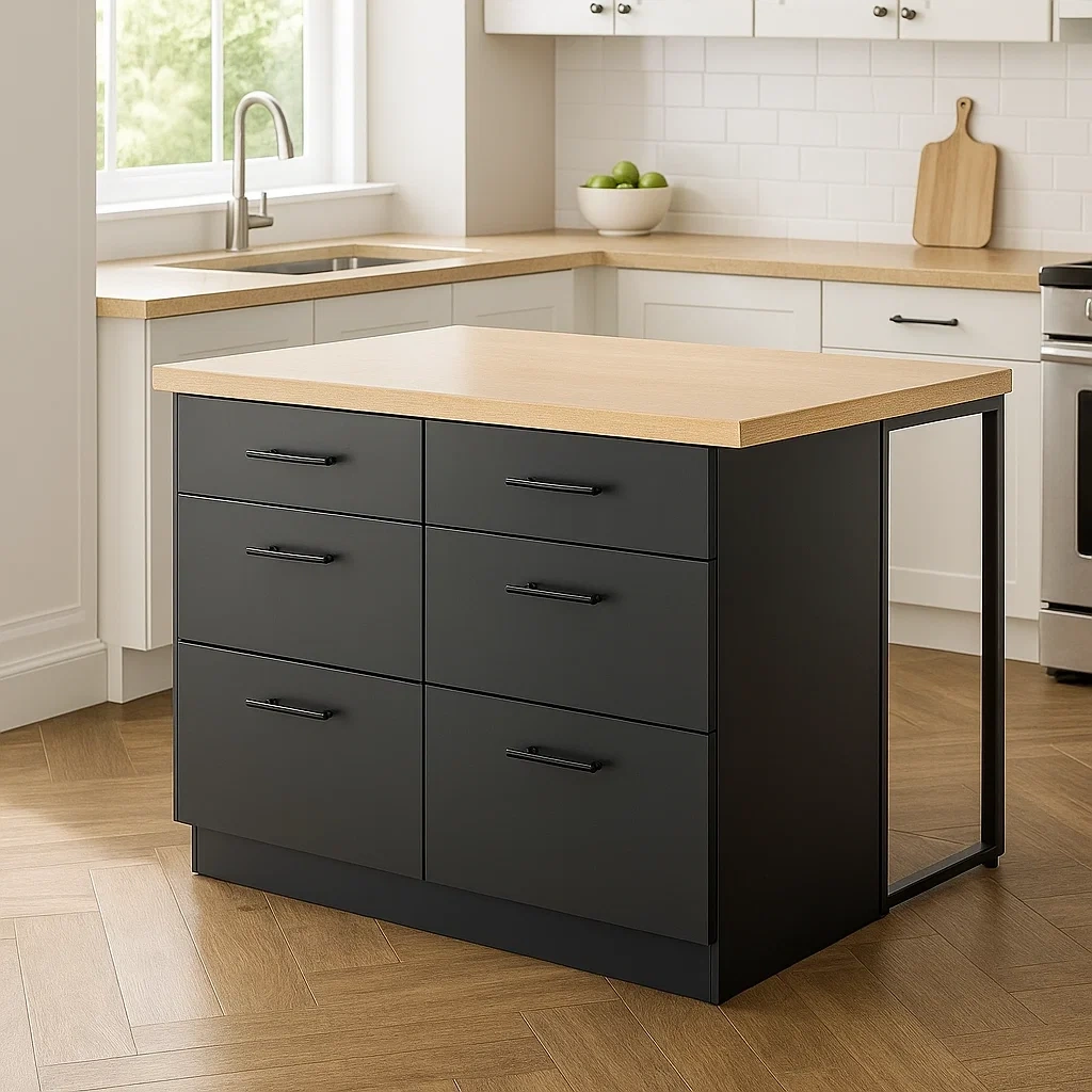 Isla cocina carrito de cocina con 6 cajones,madera natural y negro,instalación independiente,100x60x85 cm - K47hsrLNNkiz