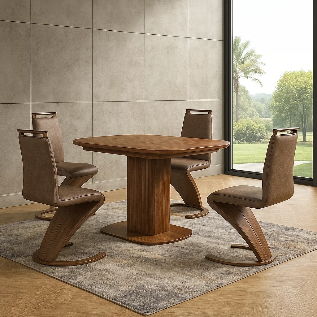 Conjuntos de comedor,4 plazas,madera y cuero sintético,marrón,diseño moderno con respaldo curvo,estructura fija,mesa 120x80x75 cm y silla 45x55x90 cm,para comedor interior - b6n1Nx7BUOuB