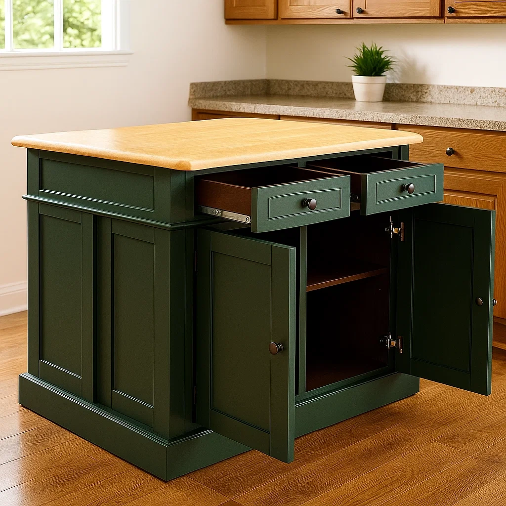 Isla cocina,rectangular con armario doble y dos cajones de madera MDF,color verde oscuro y roble,sin ruedas,120x75x90 cm,para cocina clásica - XKDB5jvw9woI